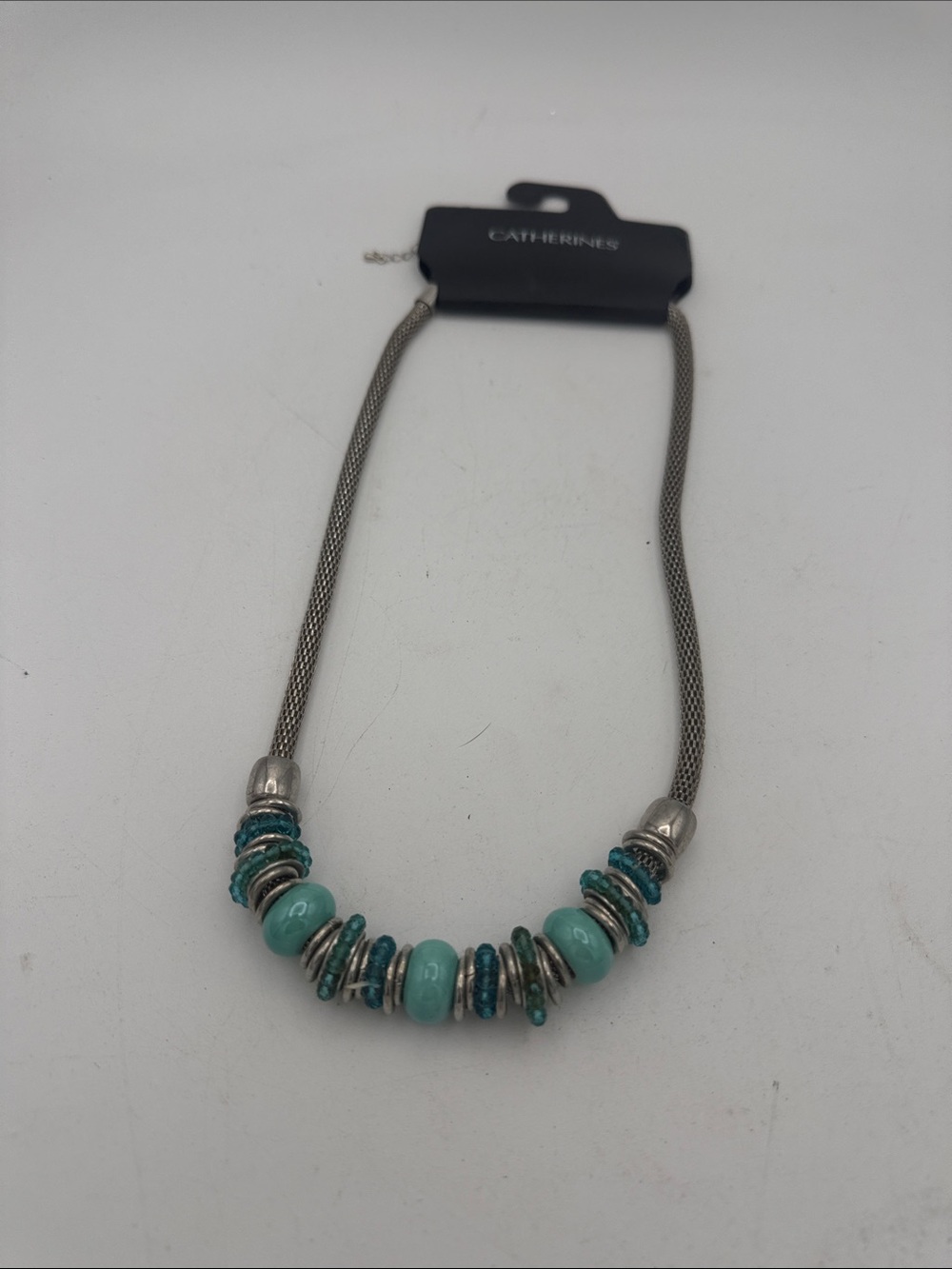 NWT Catherines Silver Tone Mesh Chain Turquoise Beaded Statement Necklace choker